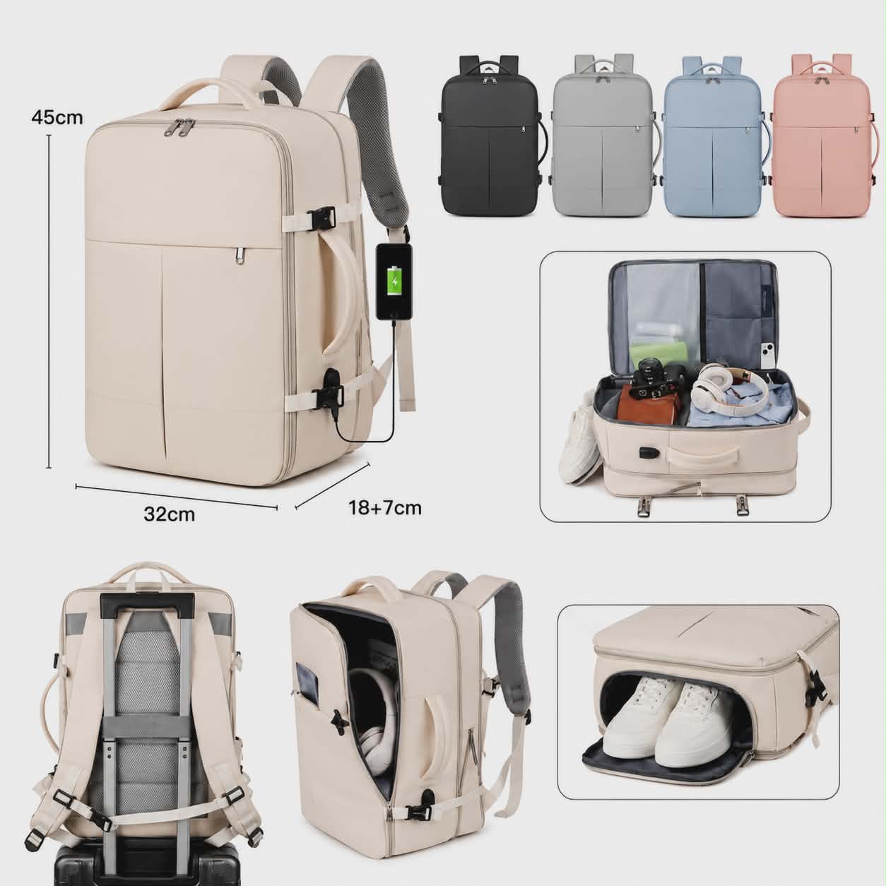 Plecak podróżny premium z funkcją bagażu podręcznego, komorą na buty, miejscem na laptopa i nowoczesnym minimalistycznym designem