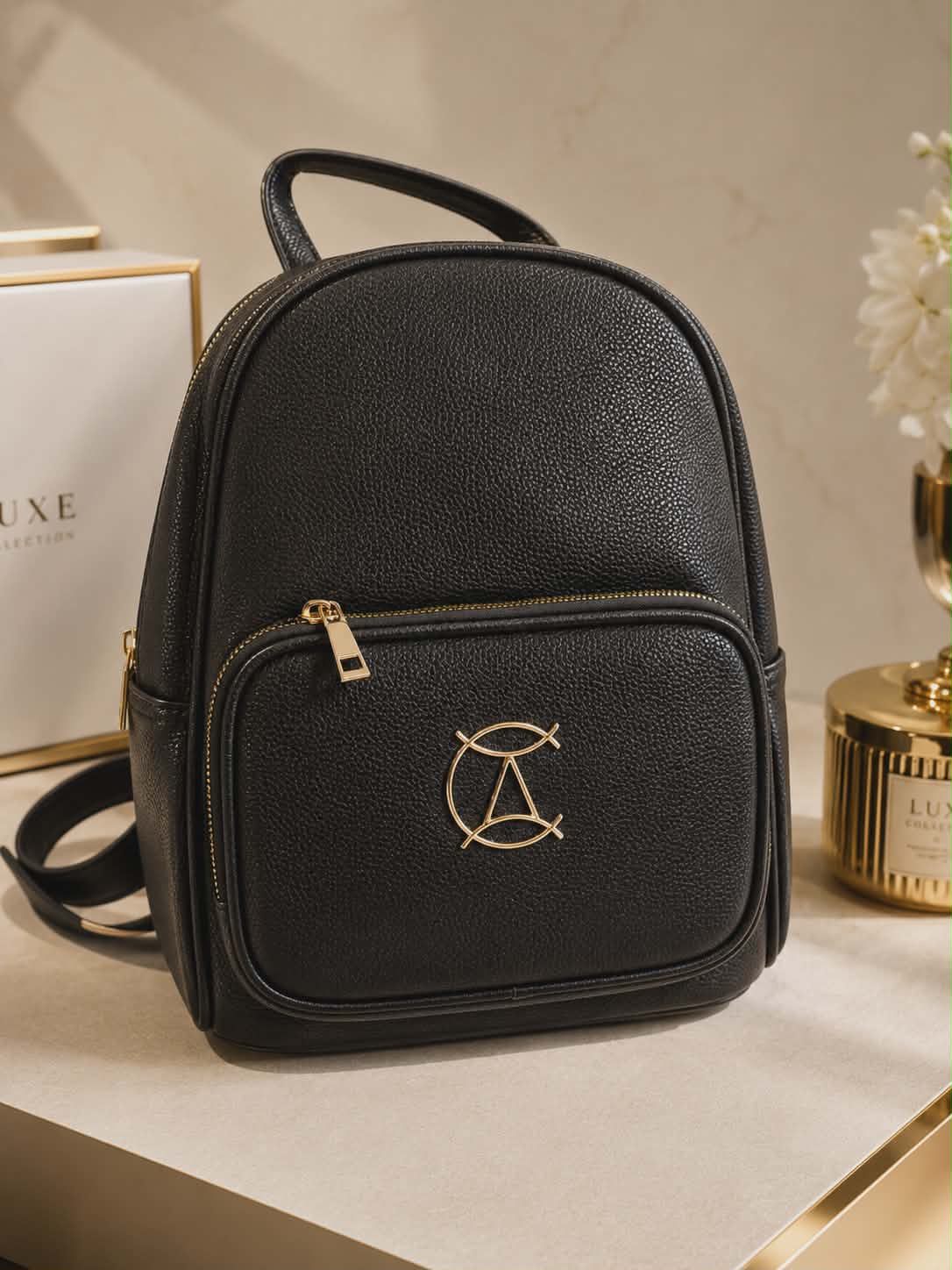 Elegancki czarny plecak damski premium z minimalistycznym designem i złotymi detalami idealny na co dzień, do pracy i na wyjazdy