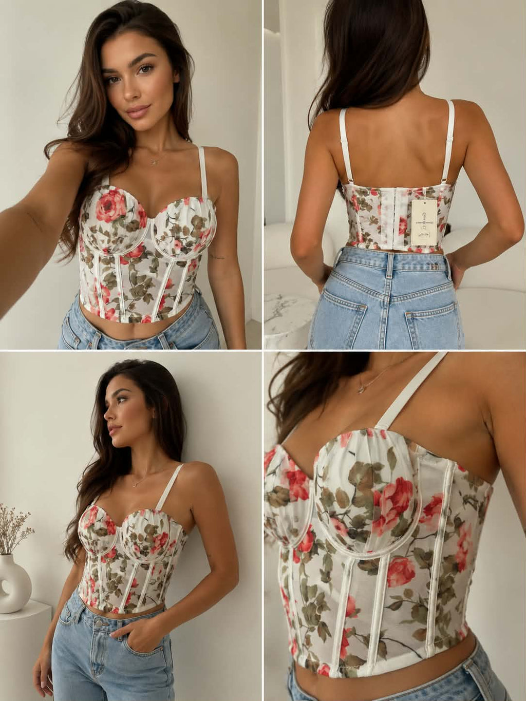 Damski gorset w kwiaty z usztywnianymi miseczkami na ramiączkach w białym kolorze. Elegancki model z kwiatowym printem i regulowanym zapięciem z tyłu, pokazany z przodu, z tyłu oraz w zbliżeniu na detale.